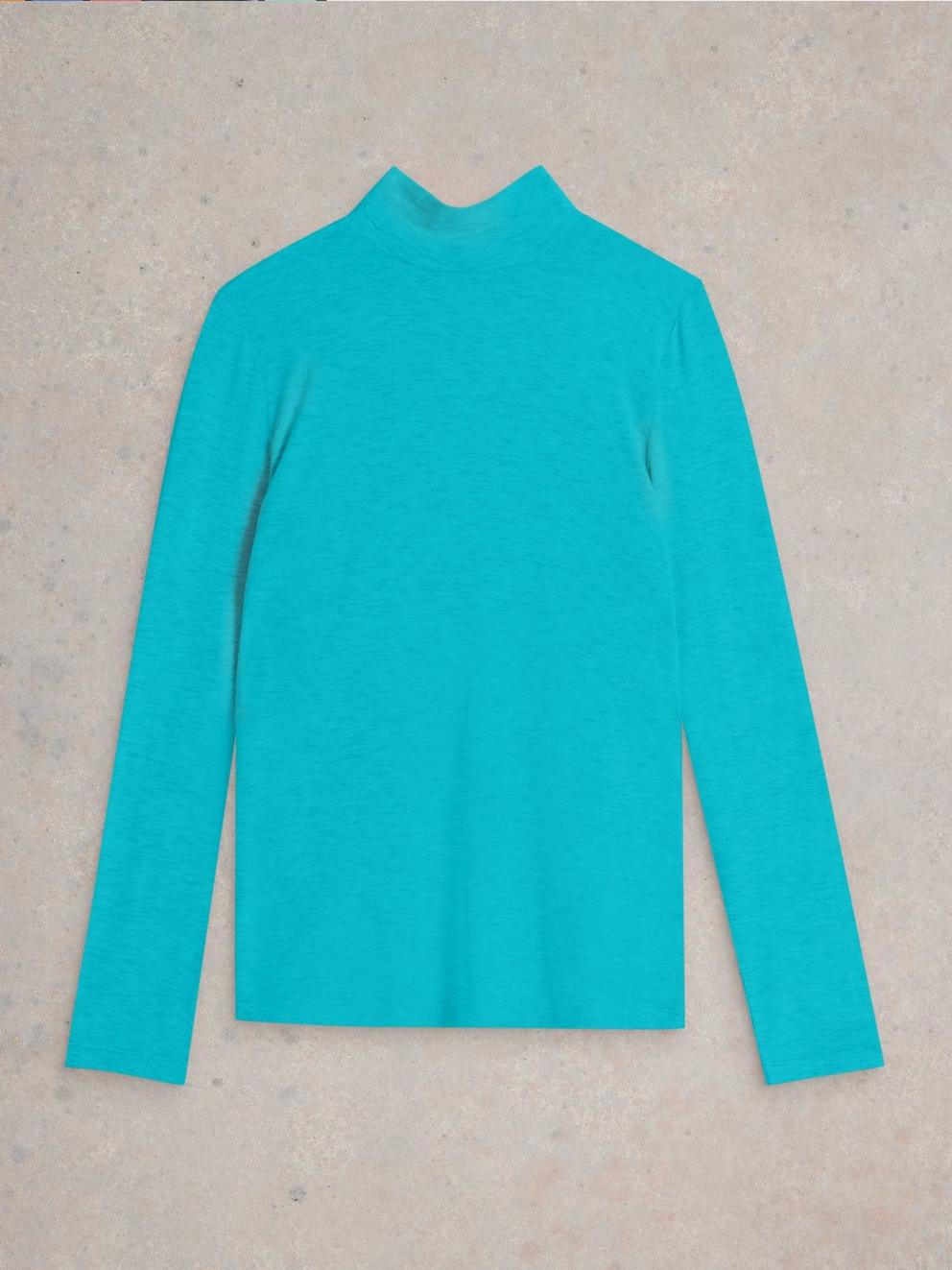 CAMILLE HIGH NECK TEE in BRT TEAL - FLAT FRONT