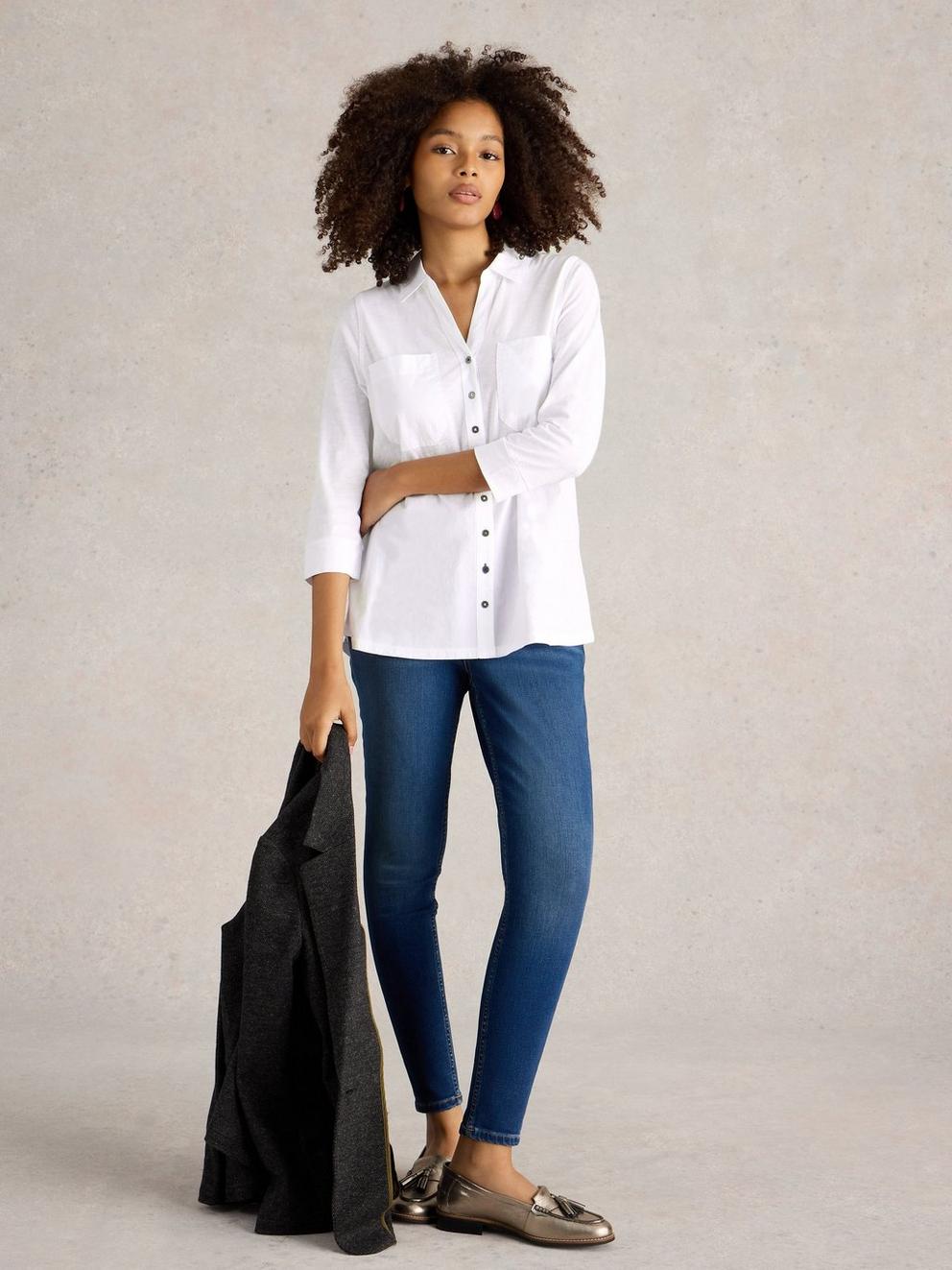 MISSY LONGLINE MIX SHIRT in NAT WHITE - MODEL FRONT