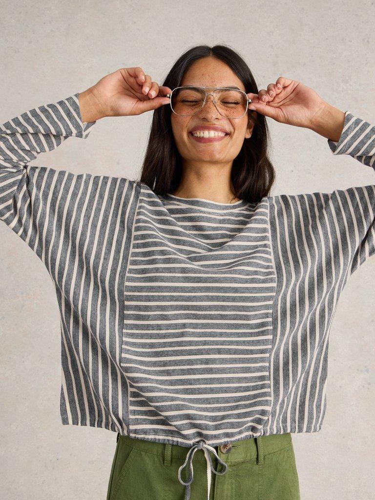 Stripe Tie Hem Top in GREY MLT - LIFESTYLE