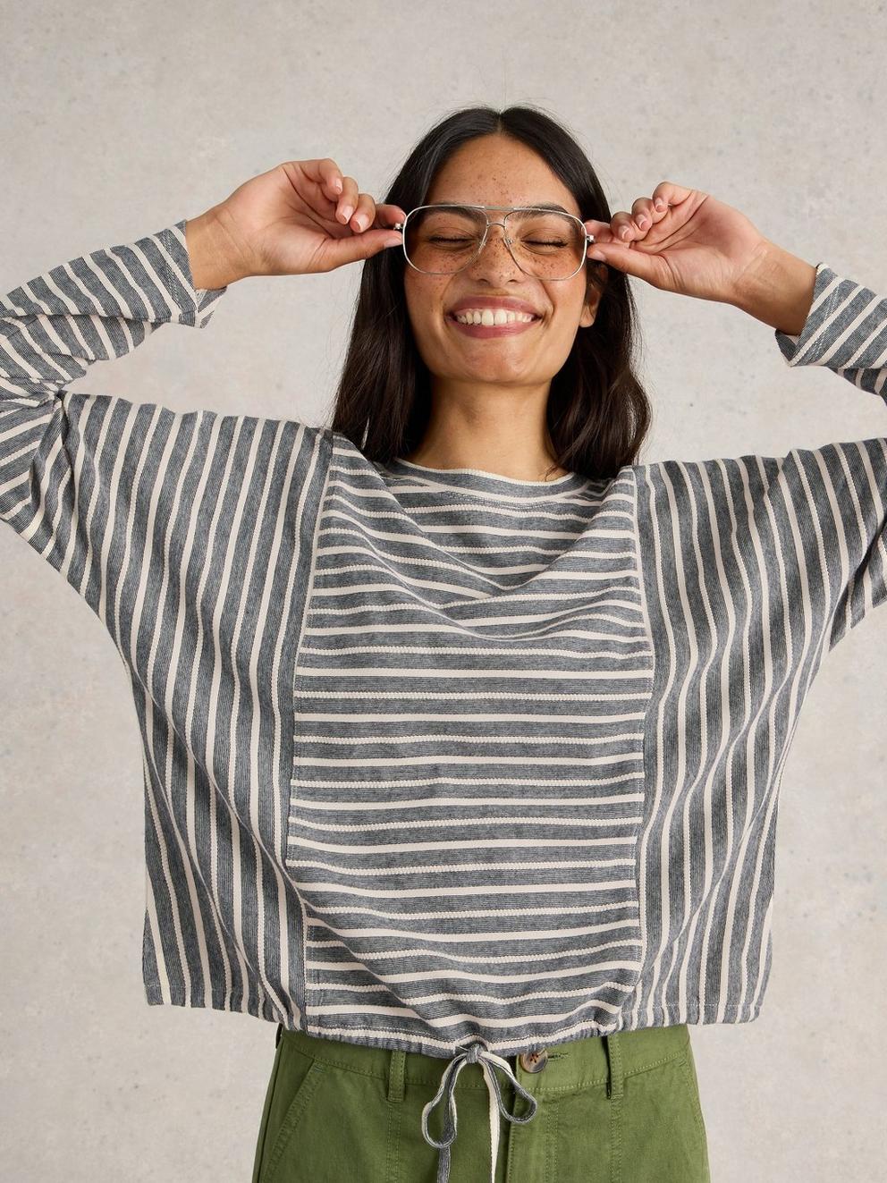 Stripe Tie Hem Top in GREY MLT - LIFESTYLE