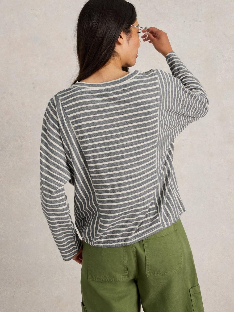 Stripe Tie Hem Top in GREY MLT - MODEL BACK