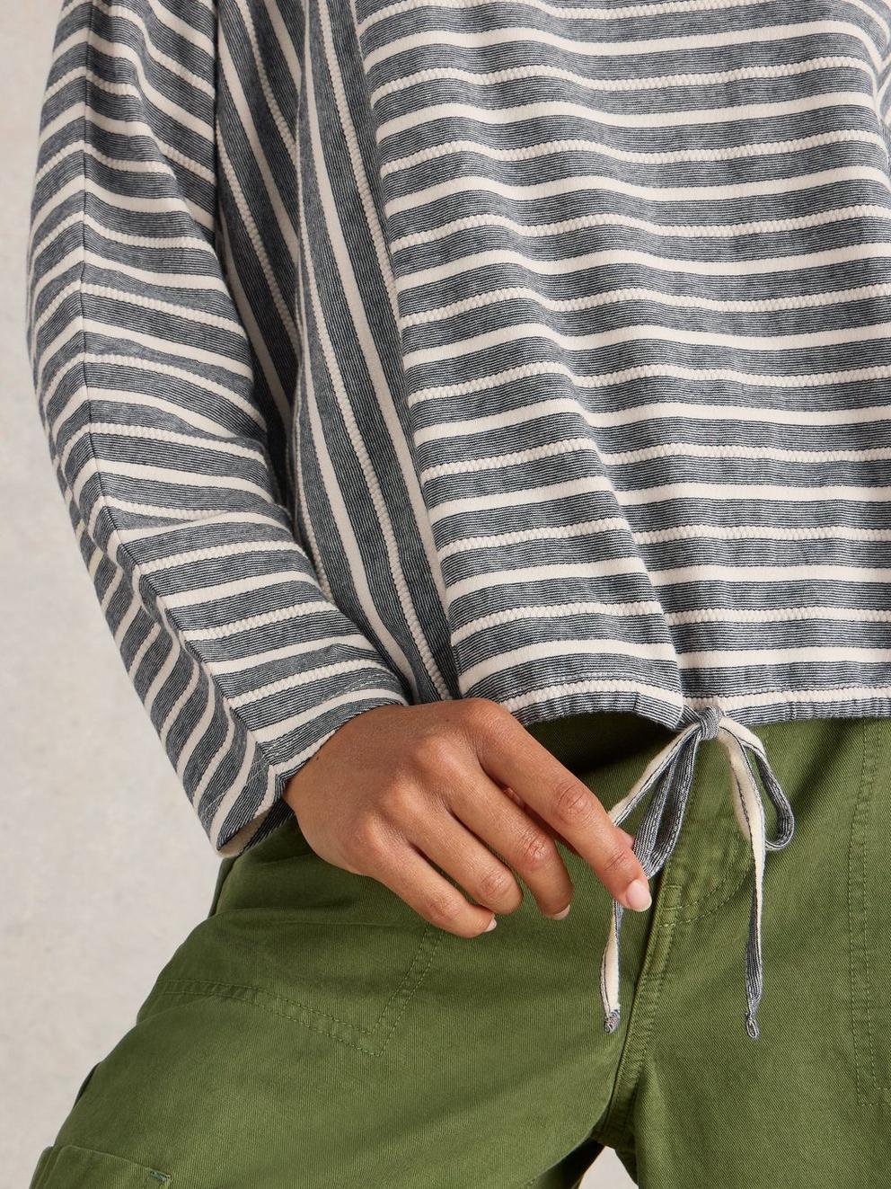Stripe Tie Hem Top in GREY MLT - MODEL DETAIL