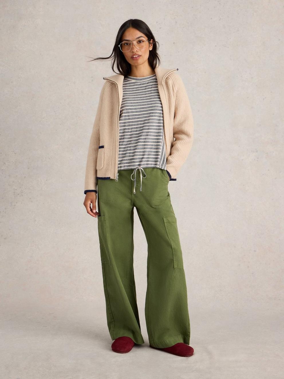 Stripe Tie Hem Top in GREY MLT - MODEL FRONT