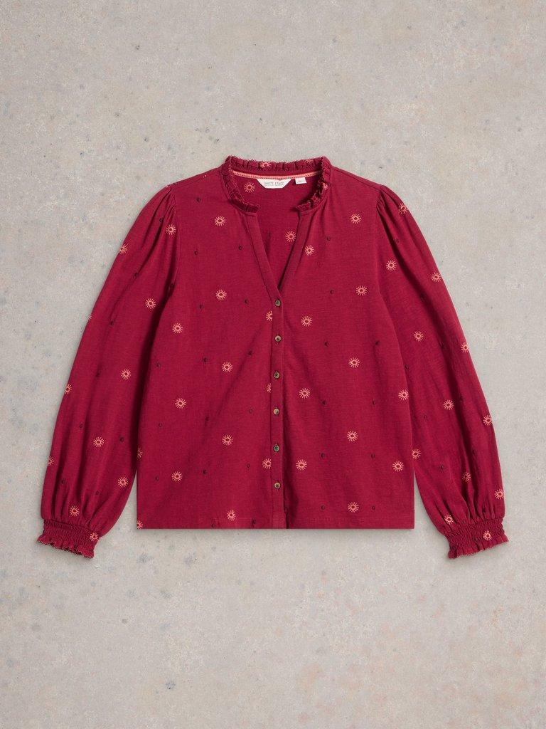 EVIE EMBROIDERY JERSEY SHIRT in DK CLARET - FLAT FRONT