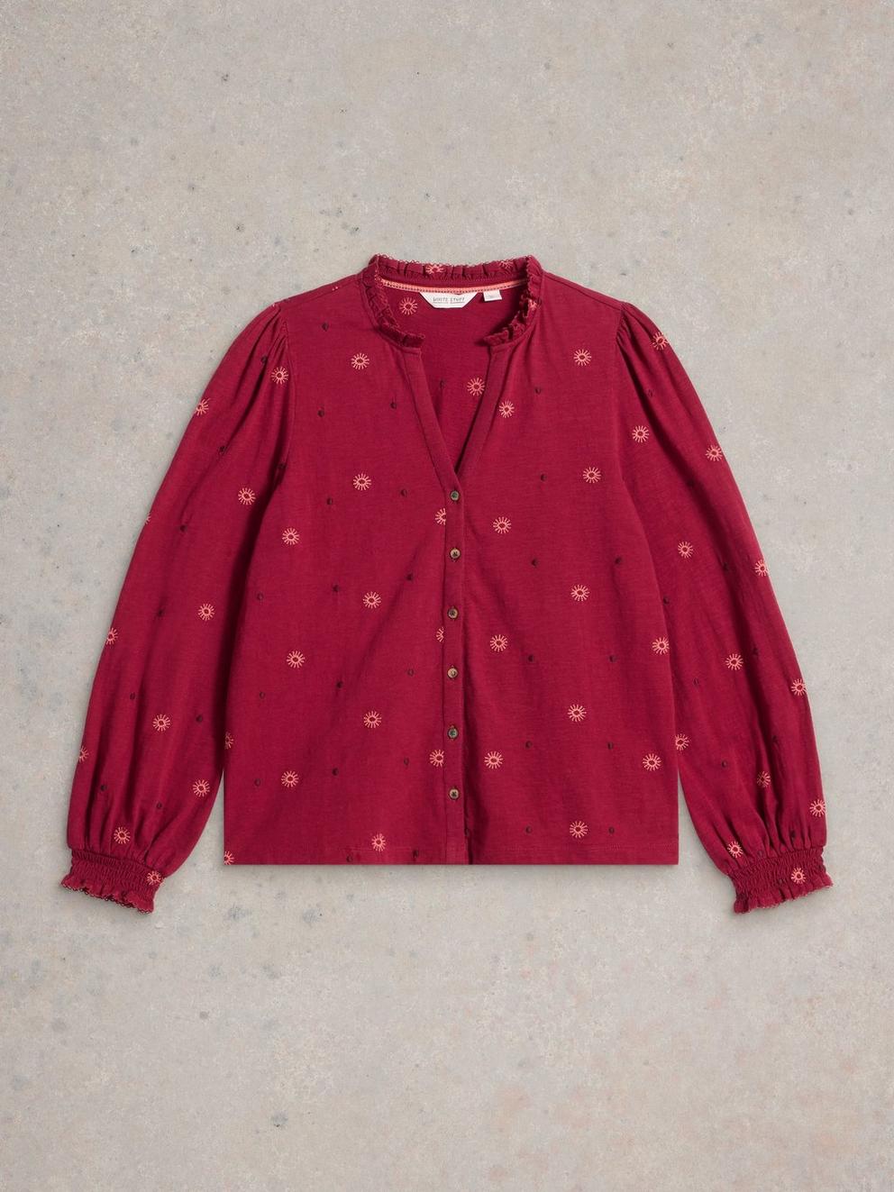 EVIE EMBROIDERY JERSEY SHIRT in DK CLARET - FLAT FRONT