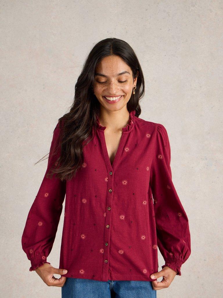 EVIE EMBROIDERY JERSEY SHIRT in DK CLARET - LIFESTYLE