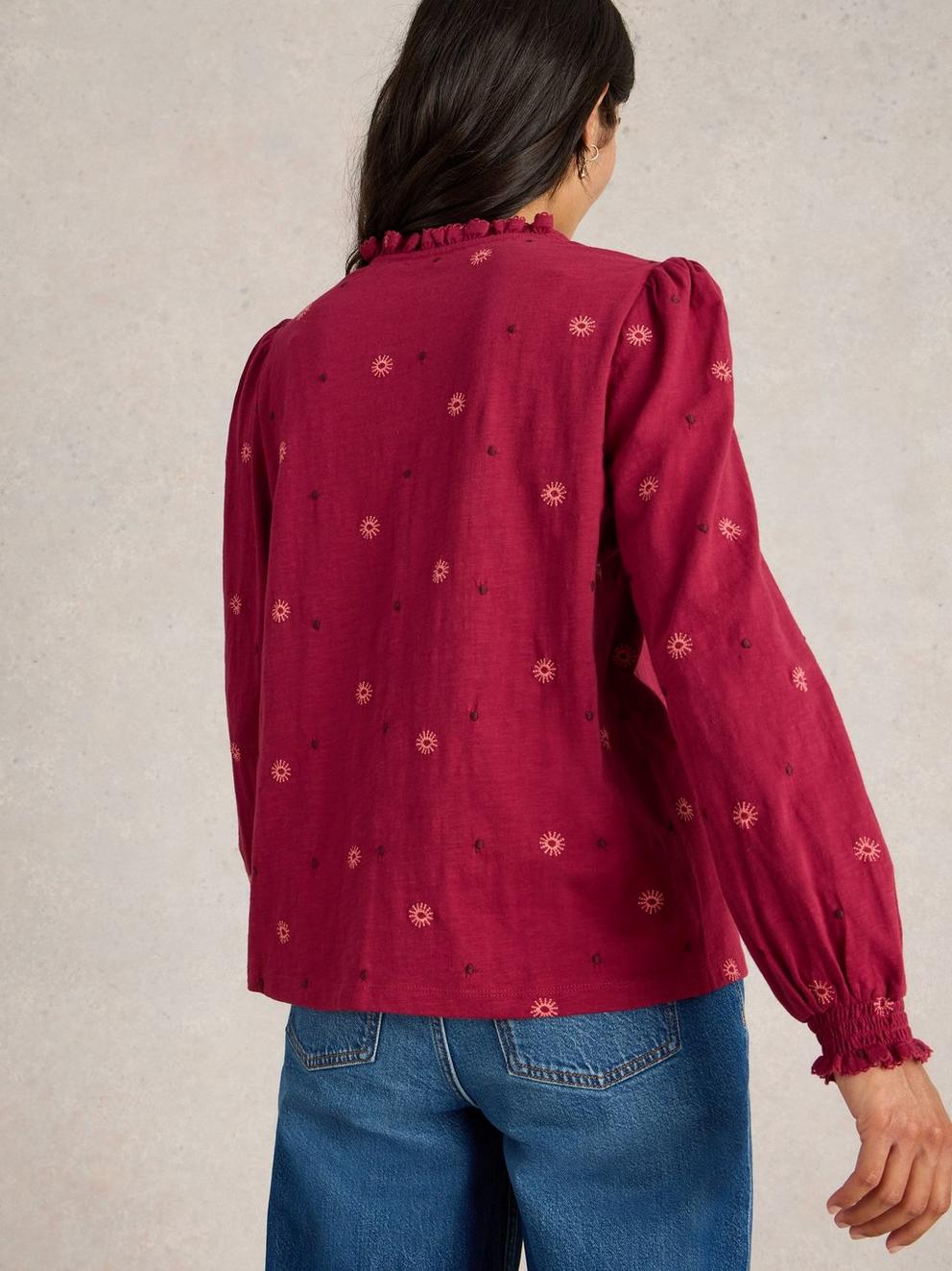 EVIE EMBROIDERY JERSEY SHIRT in DK CLARET - MODEL BACK