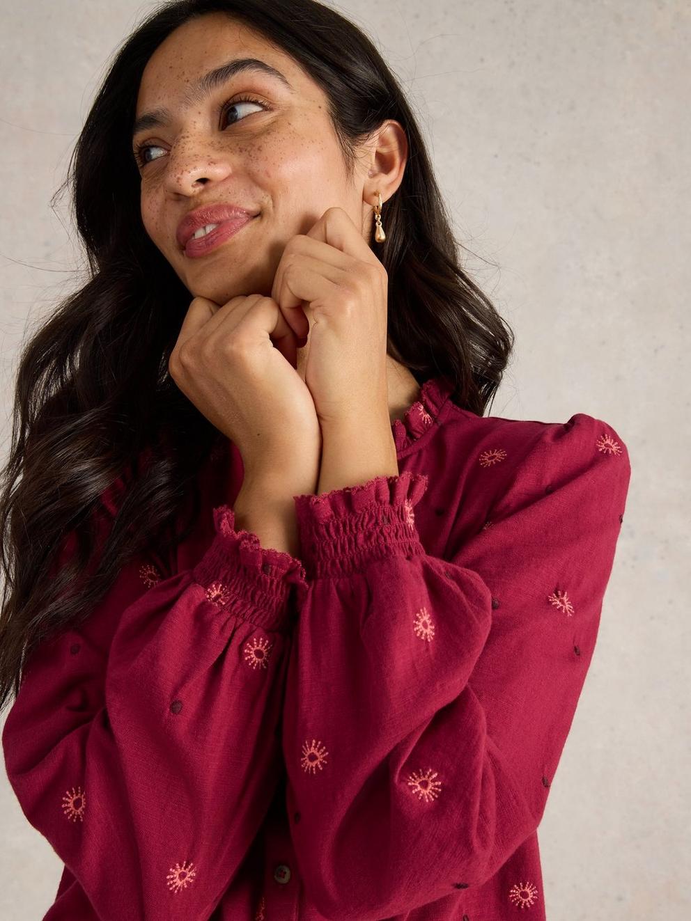 EVIE EMBROIDERY JERSEY SHIRT in DK CLARET - MODEL DETAIL