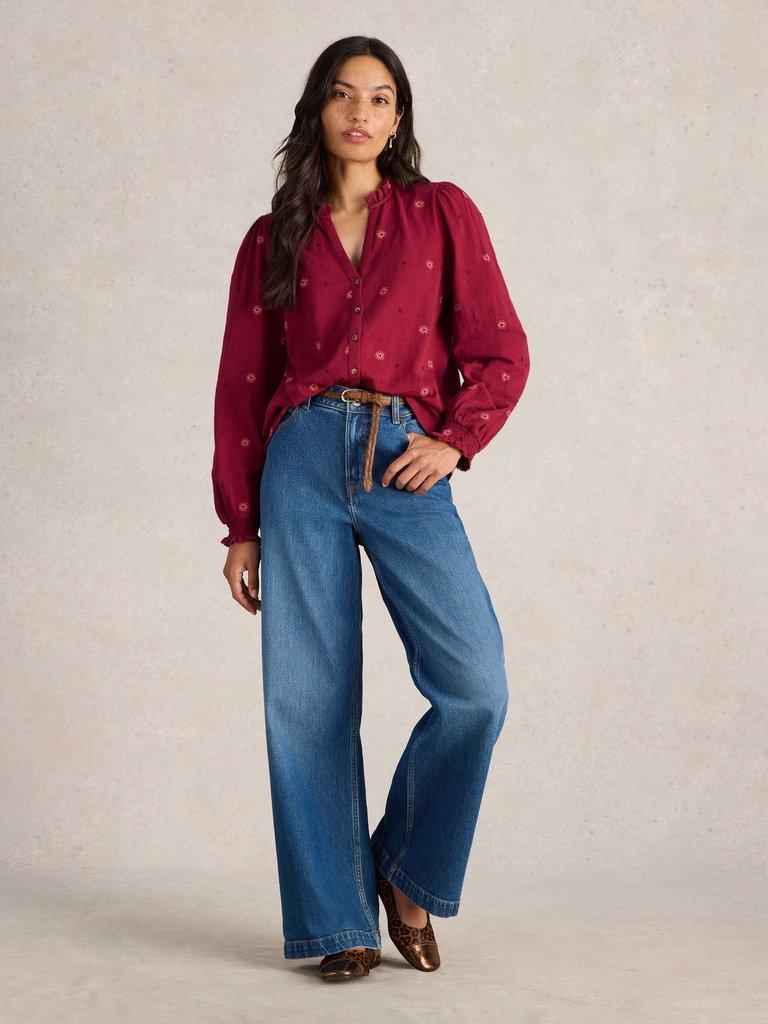 EVIE EMBROIDERY JERSEY SHIRT in DK CLARET - MODEL FRONT