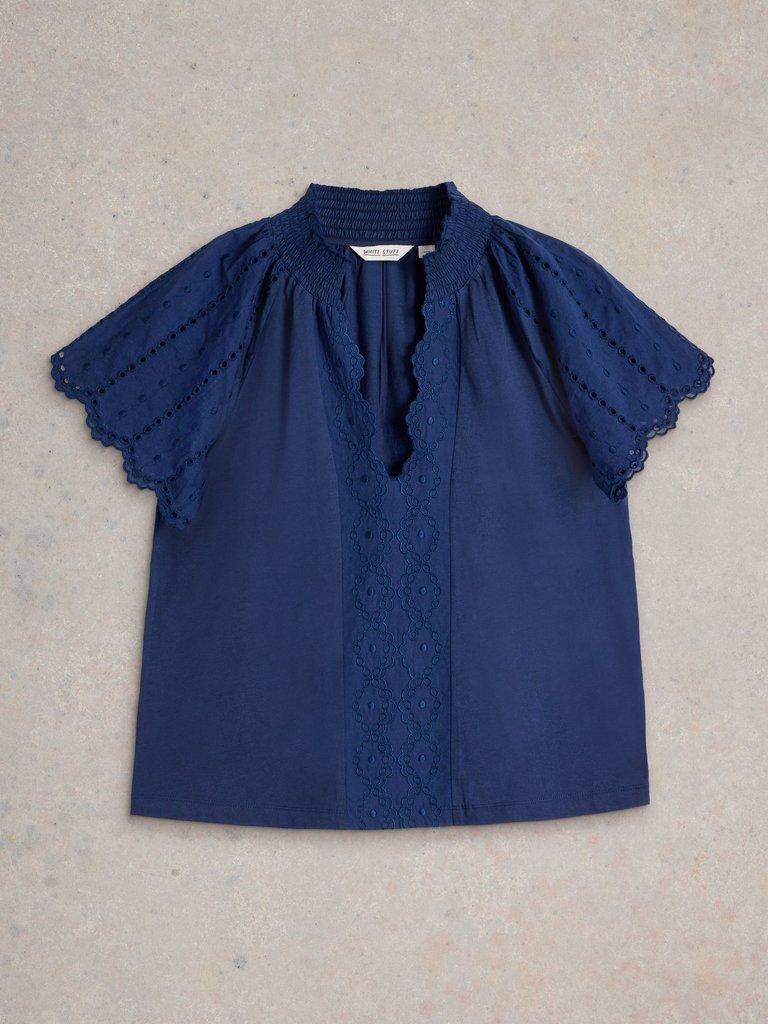 FLUTTER SLEEVE BRODERIE TOP in FR NAVY - FLAT FRONT