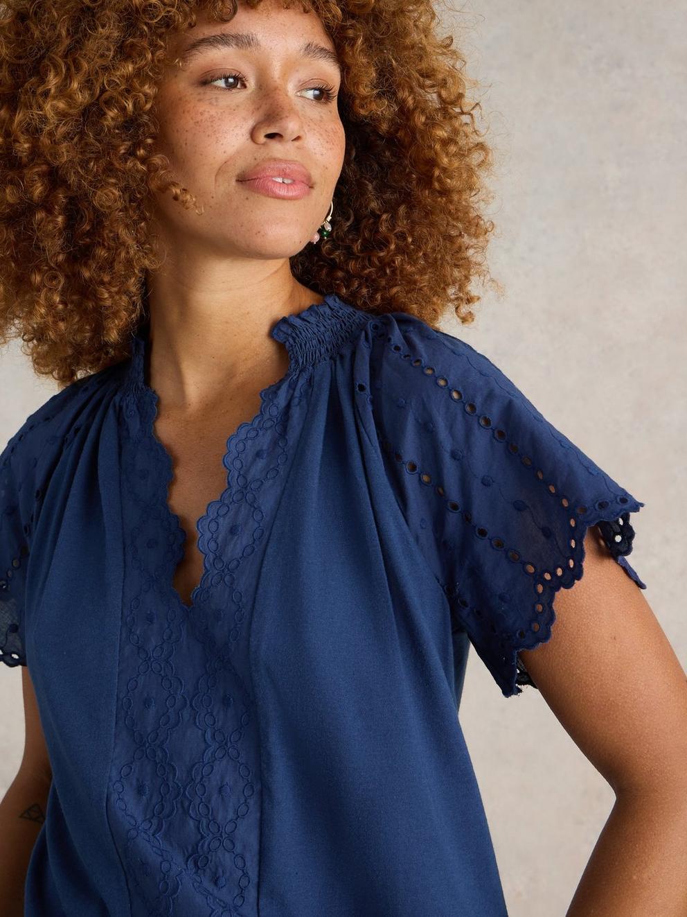 FLUTTER SLEEVE BRODERIE TOP in FR NAVY - MODEL DETAIL