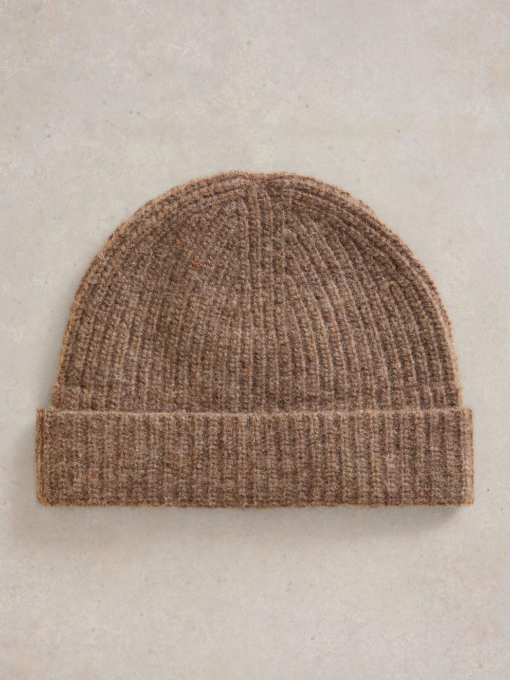 Albie Rib Knit Beanie in MID BROWN - FLAT DETAIL