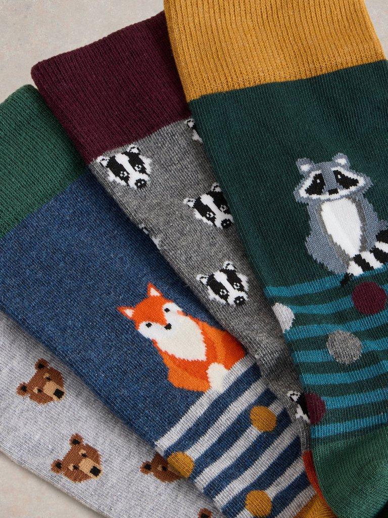 4 Pack Woodland Animals Socks in GREEN MLT - FLAT DETAIL