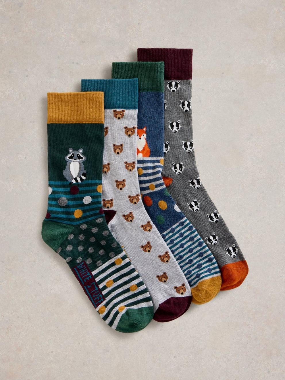 4 Pack Woodland Animals Socks in GREEN MLT - FLAT FRONT