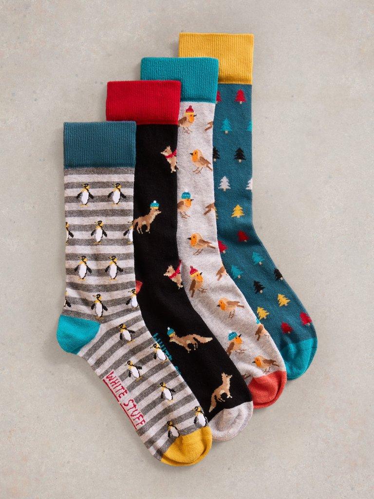 4 Pack Winter Animal Socks in NAVY MULTI - FLAT FRONT