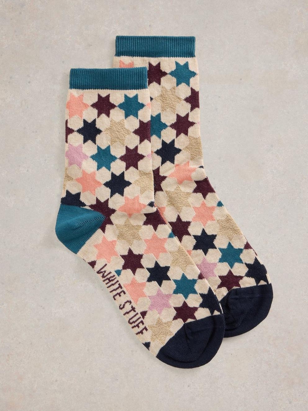 Star Ankle Knitted Sock in NAT MLT - FLAT FRONT