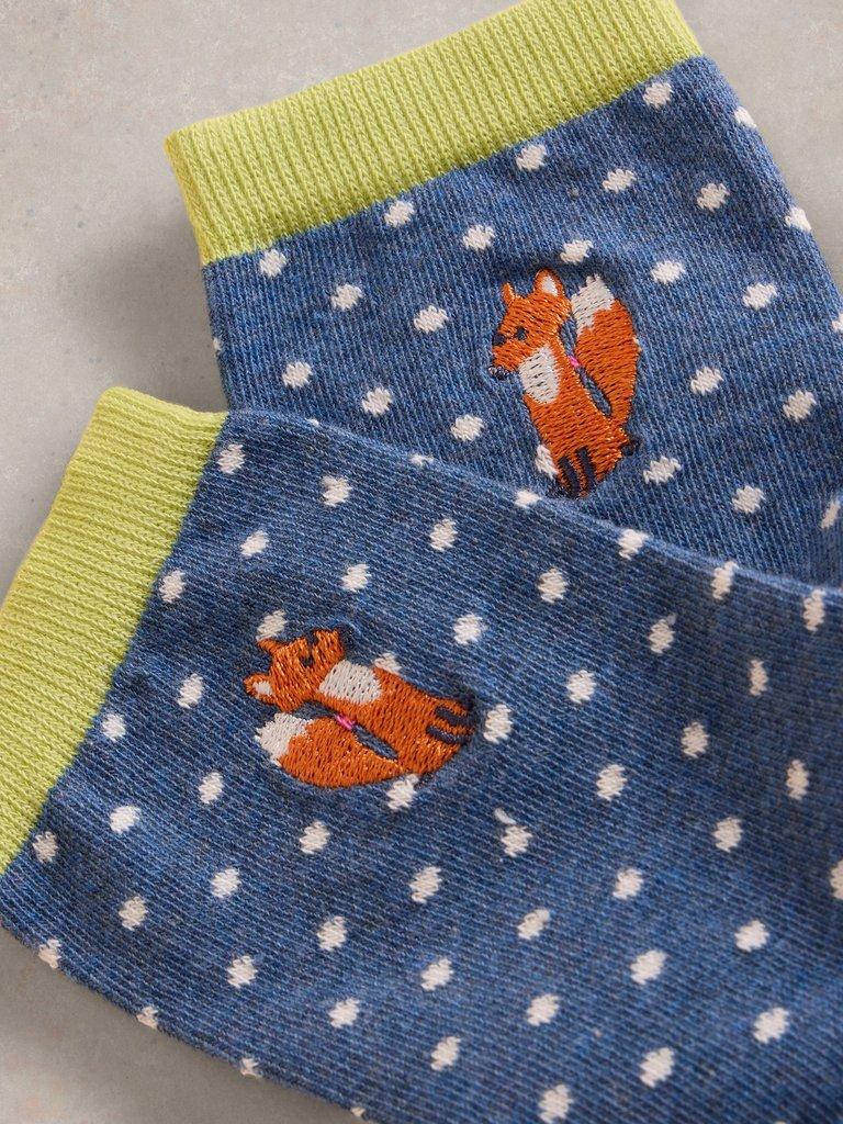 Embroidered Fox Ankle Sock in BLUE MLT - FLAT DETAIL