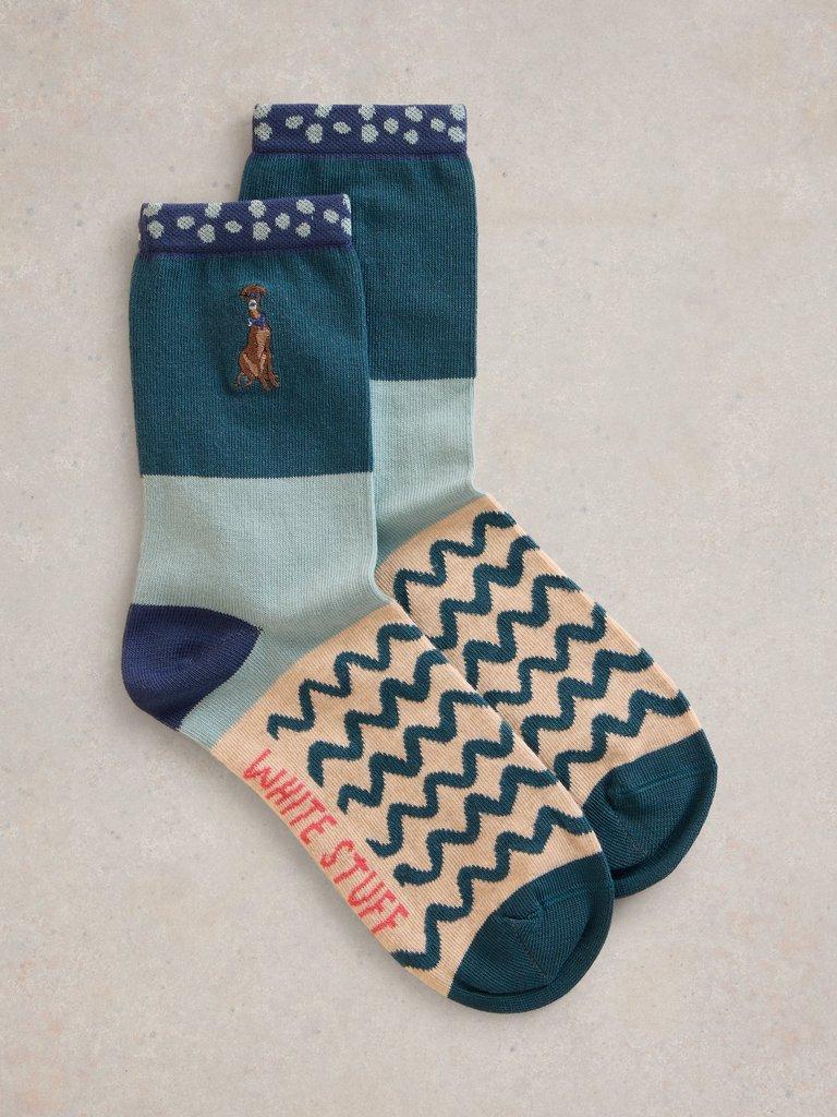 Embroidered Dog Ankle Sock in TEAL MLT - FLAT FRONT