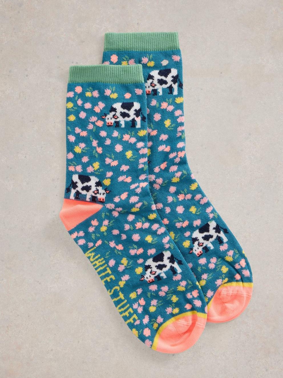 Floral Cow Ankle Sock in TEAL MLT - FLAT FRONT