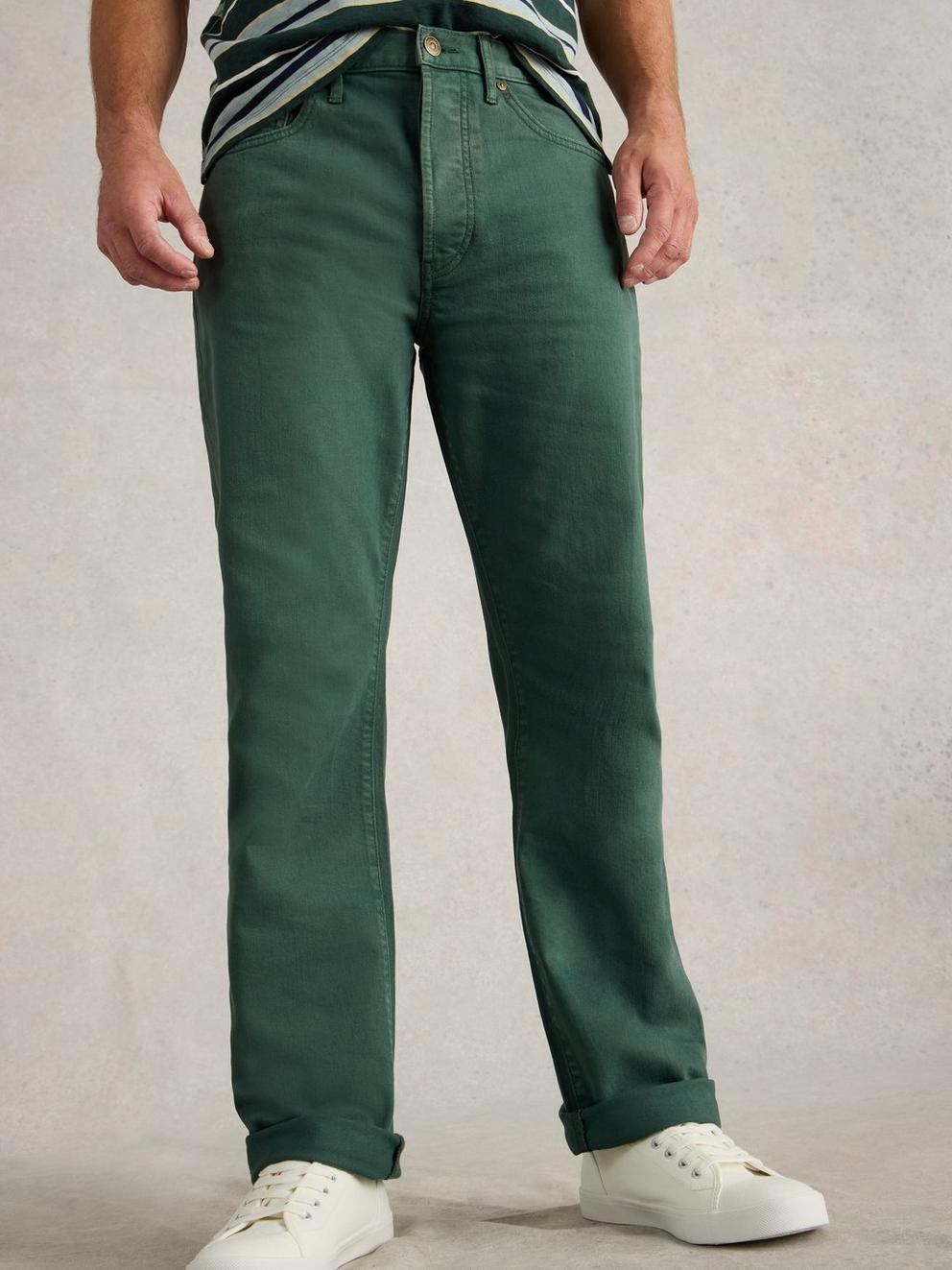 Eastwood Garment Dye Jean in DK GREEN - MODEL DETAIL