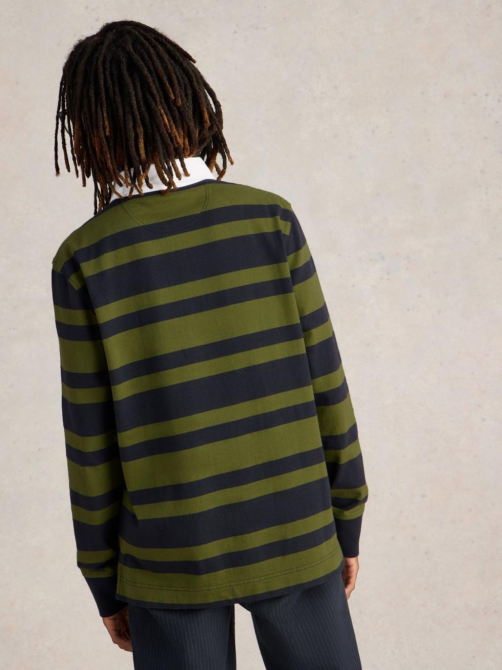 LS Stripe Rugby Shirt in GREEN MLT - MODEL BACK