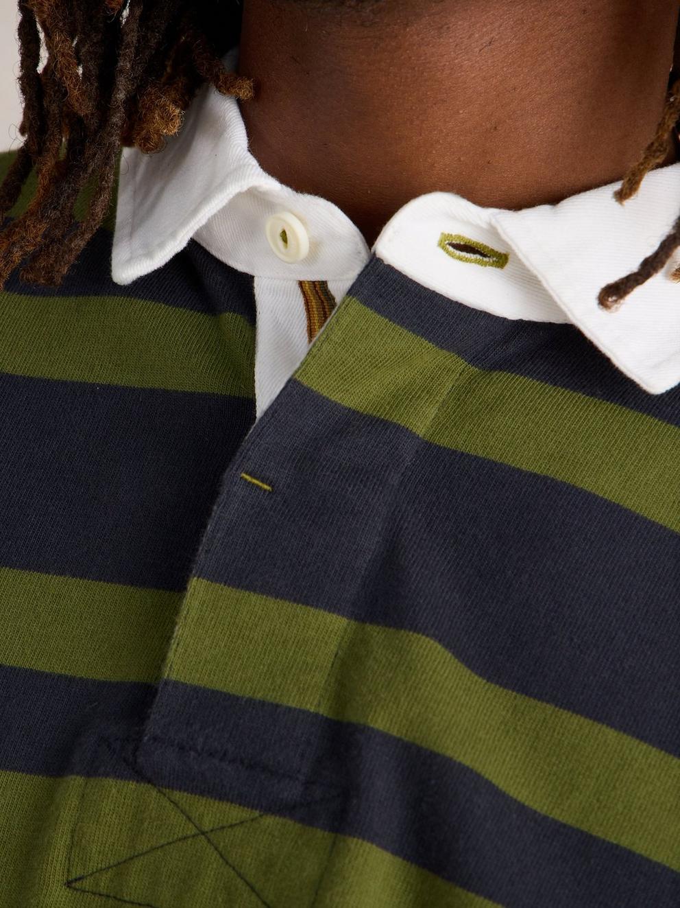 LS Stripe Rugby Shirt in GREEN MLT - MODEL DETAIL