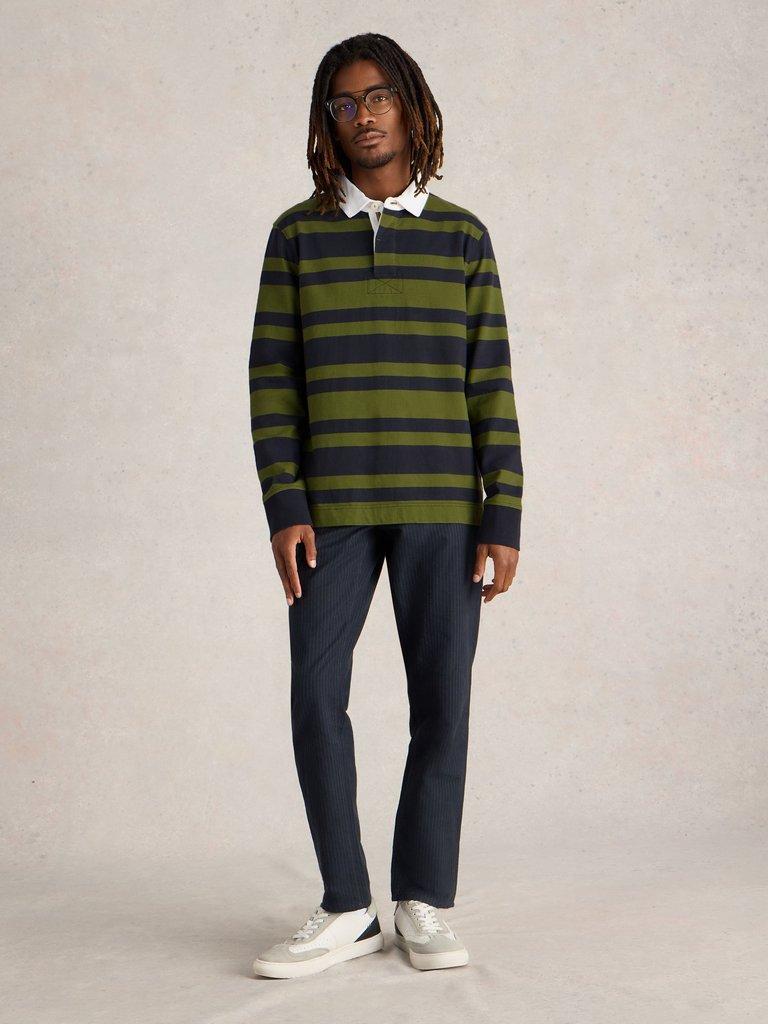 LS Stripe Rugby Shirt in GREEN MLT - MODEL FRONT