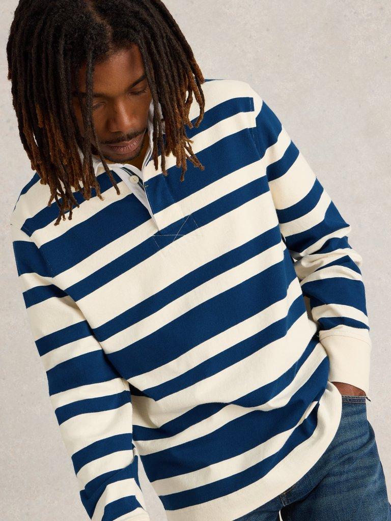 LS Stripe Rugby Shirt in NAVY MULTI - MODEL DETAIL