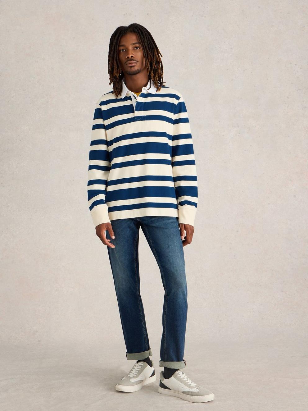 LS Stripe Rugby Shirt in NAVY MULTI - MODEL FRONT