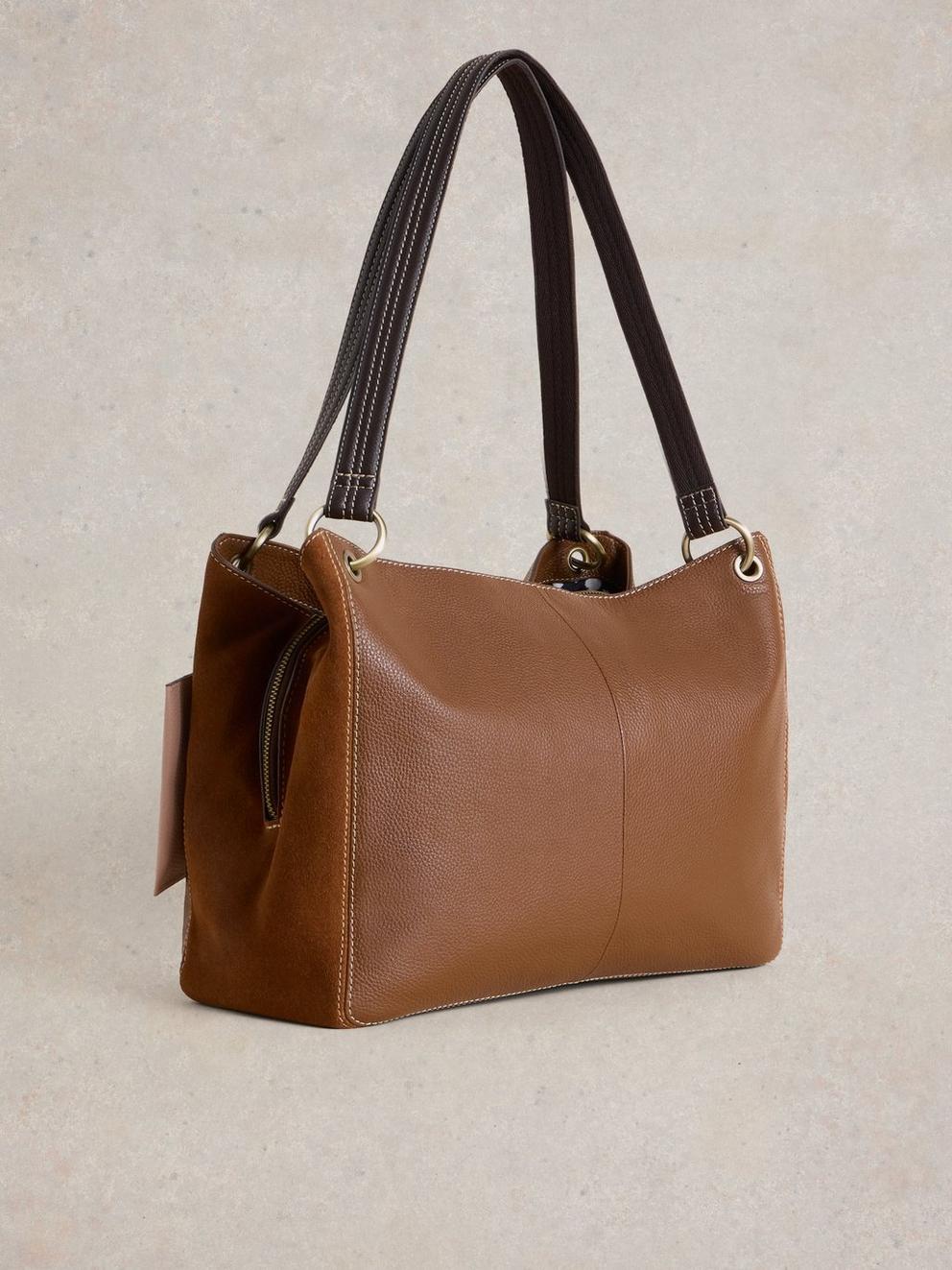 Farrah Leather Tote Bag in MID TAN - FLAT BACK