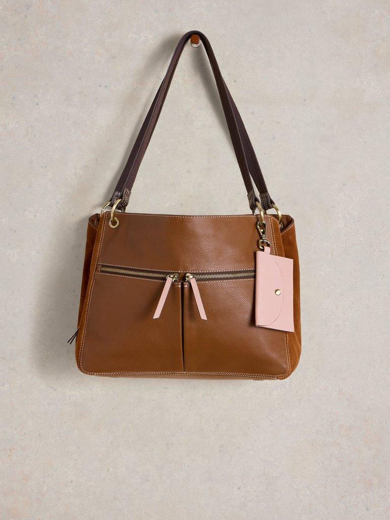 Farrah Leather Tote Bag in MID TAN - FLAT FRONT