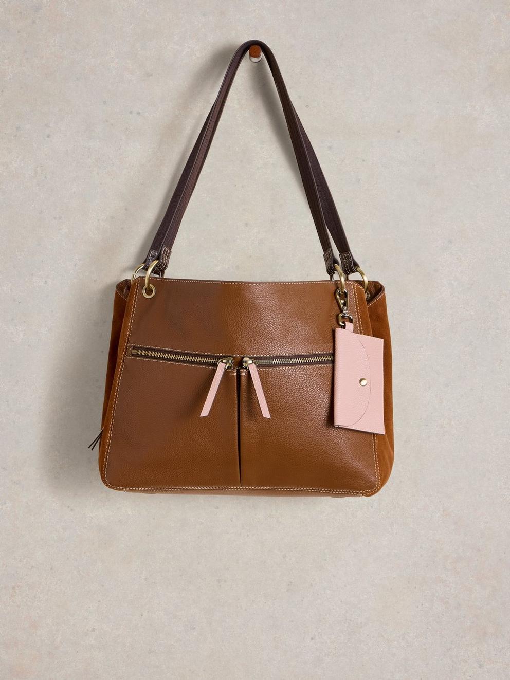 Farrah Leather Tote Bag in MID TAN - FLAT FRONT