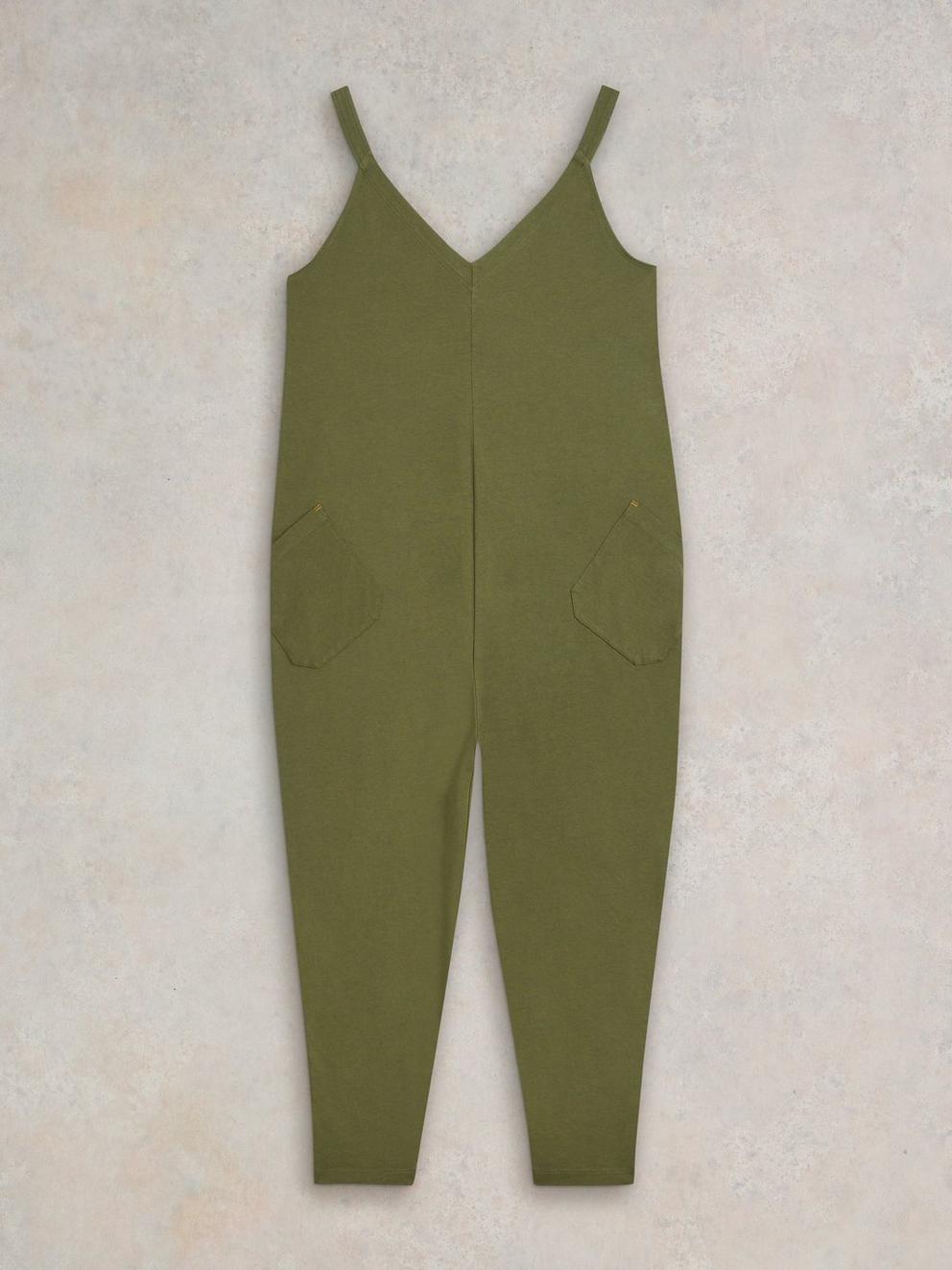 Selina Jersey V Neck Jumpsuit in KHAKI GRN - FLAT FRONT