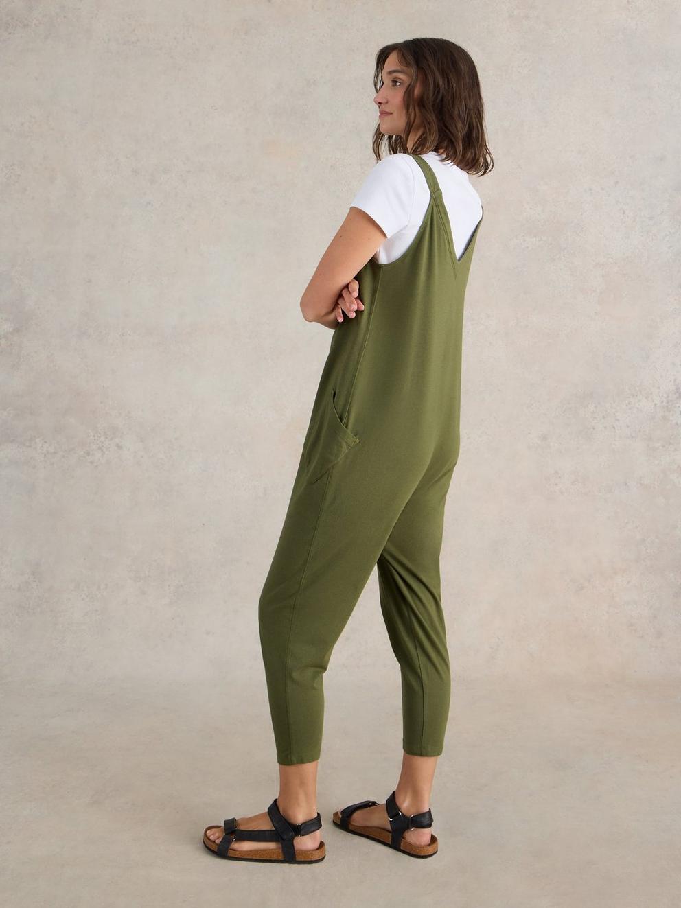 Selina Jersey V Neck Jumpsuit in KHAKI GRN - MODEL BACK