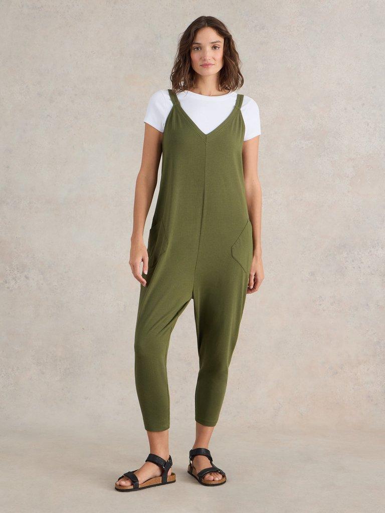 Selina Jersey V Neck Jumpsuit in KHAKI GRN - MODEL FRONT