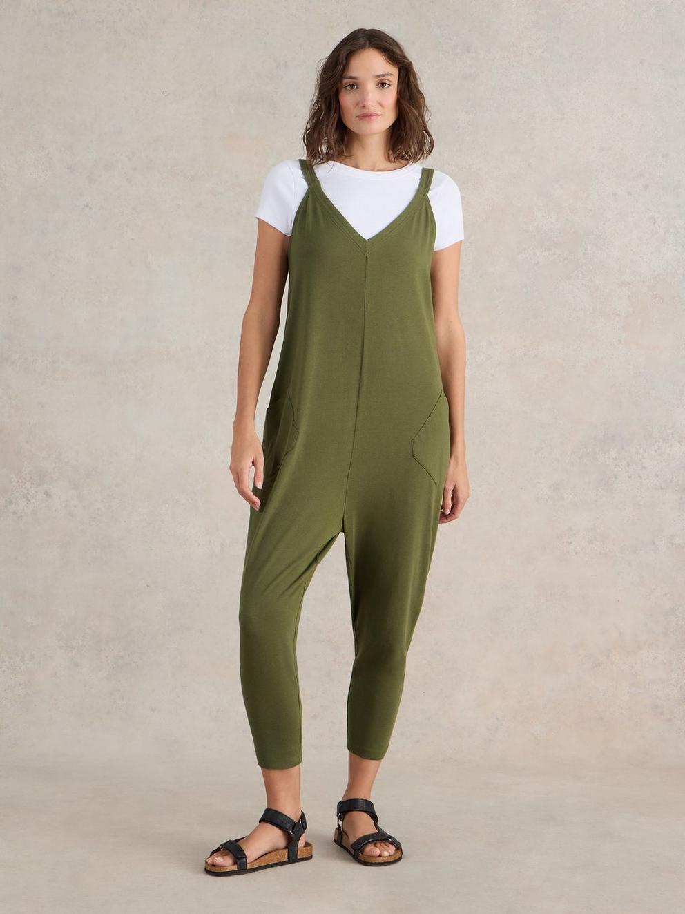 Selina Jersey V Neck Jumpsuit in KHAKI GRN - MODEL FRONT