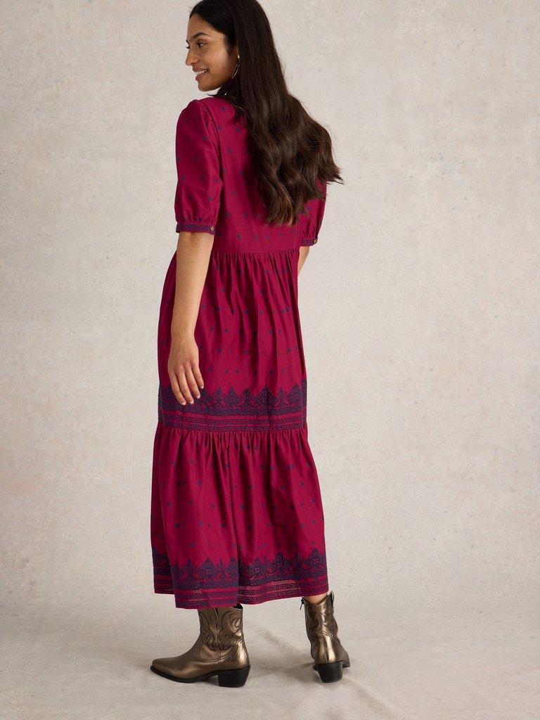 Polly Embroidered Midi Dress in RED MLT - MODEL BACK