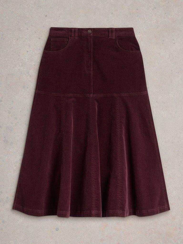 Quinn Organic Cord Midi Skirt in DK PLUM - FLAT FRONT