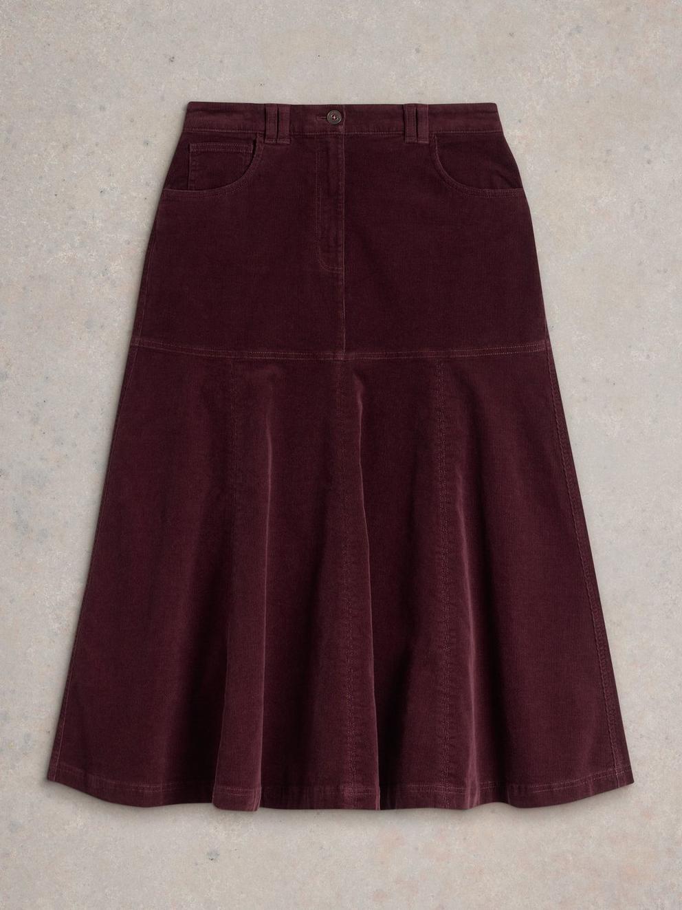 Quinn Organic Cord Midi Skirt in DK PLUM - FLAT FRONT