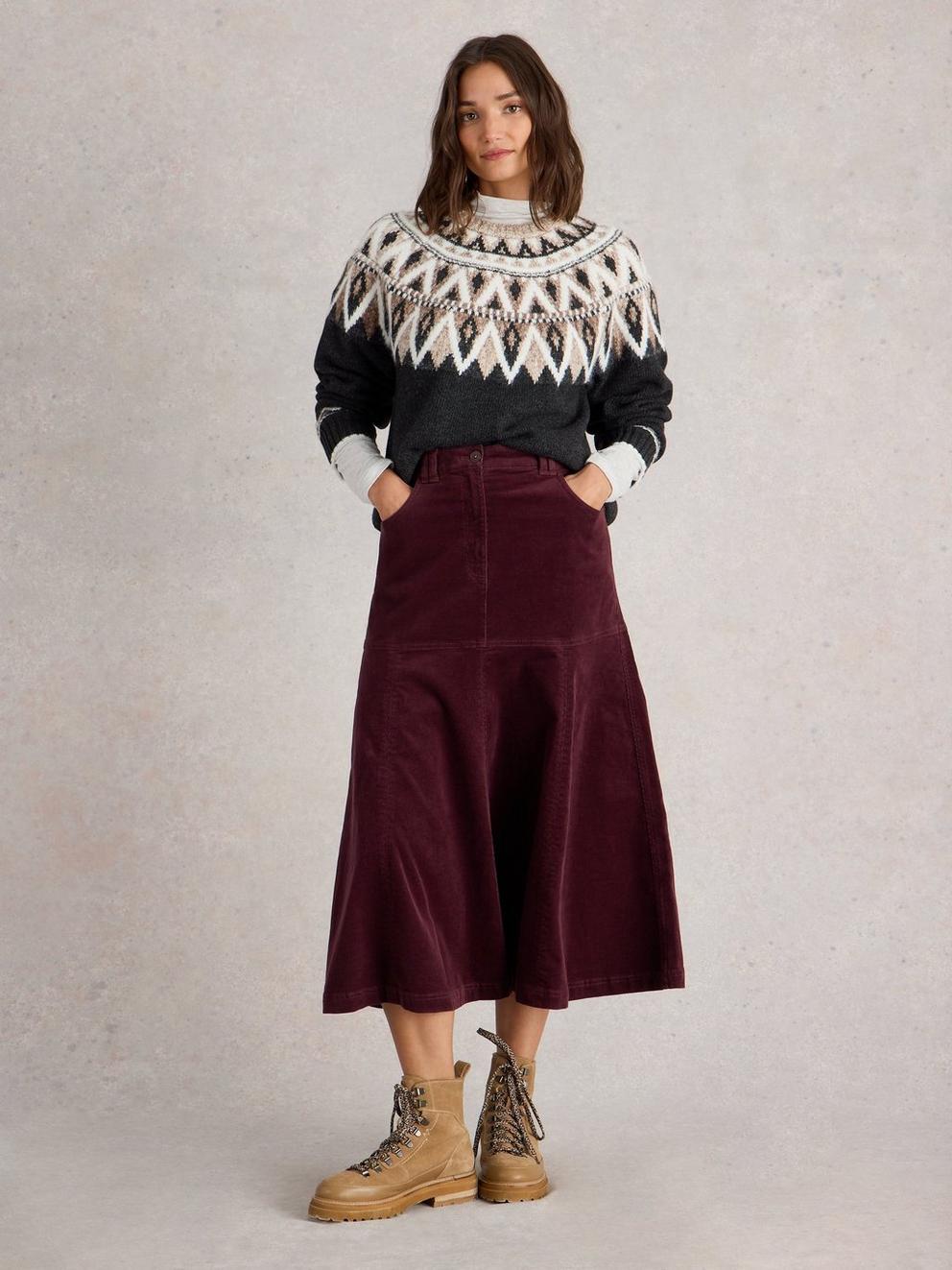 Quinn Organic Cord Midi Skirt in DK PLUM - MODEL FRONT