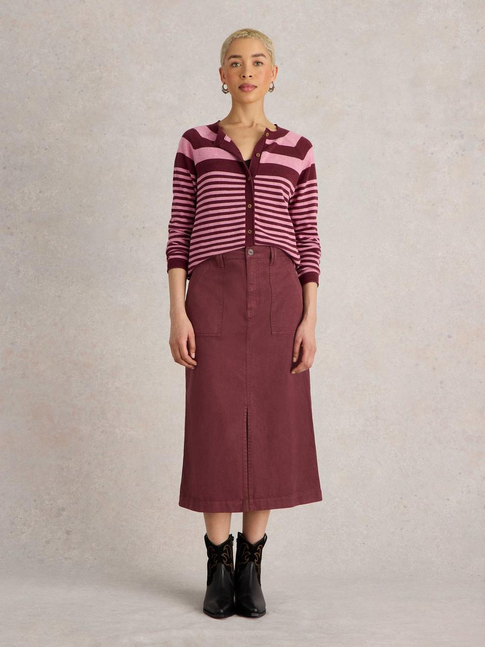 Maren Midi Skirt in DK PLUM - MODEL FRONT