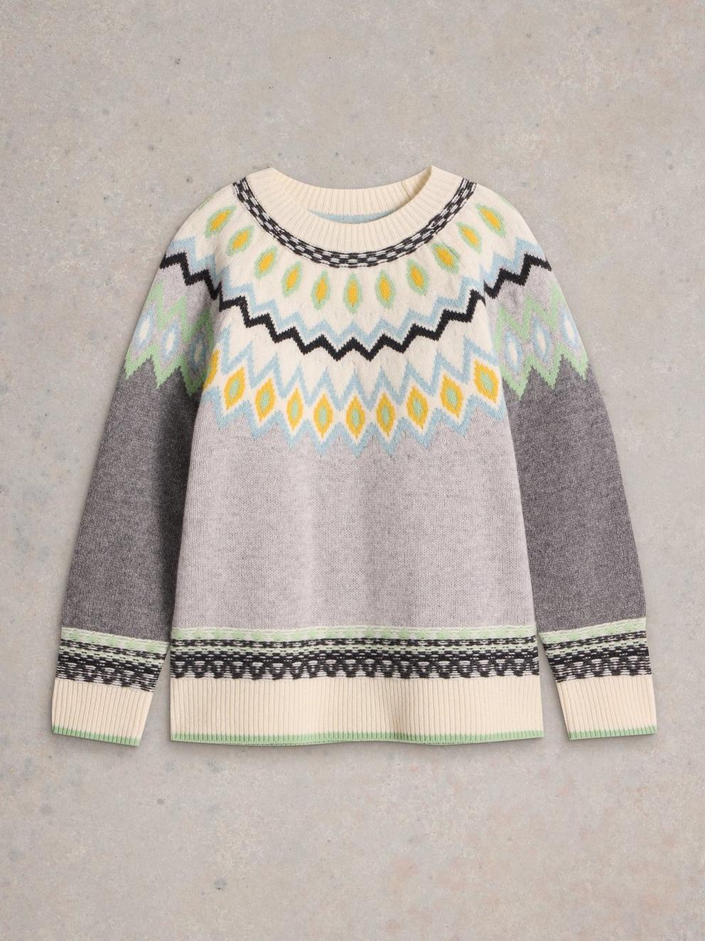 SUNSET FAIRISLE WOOL JUMPER in GREY MLT - FLAT FRONT