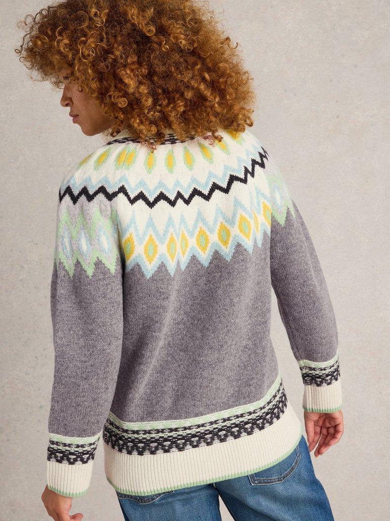 SUNSET FAIRISLE WOOL JUMPER in GREY MLT - MODEL BACK