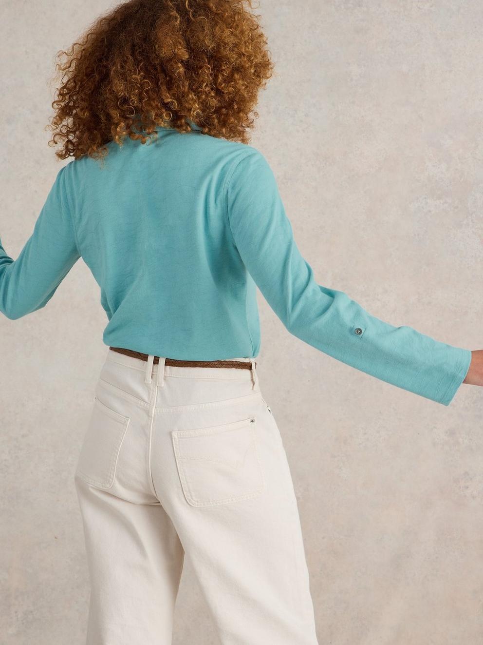 ANNIE TEXTURED SHIRT in MID TEAL - MODEL BACK