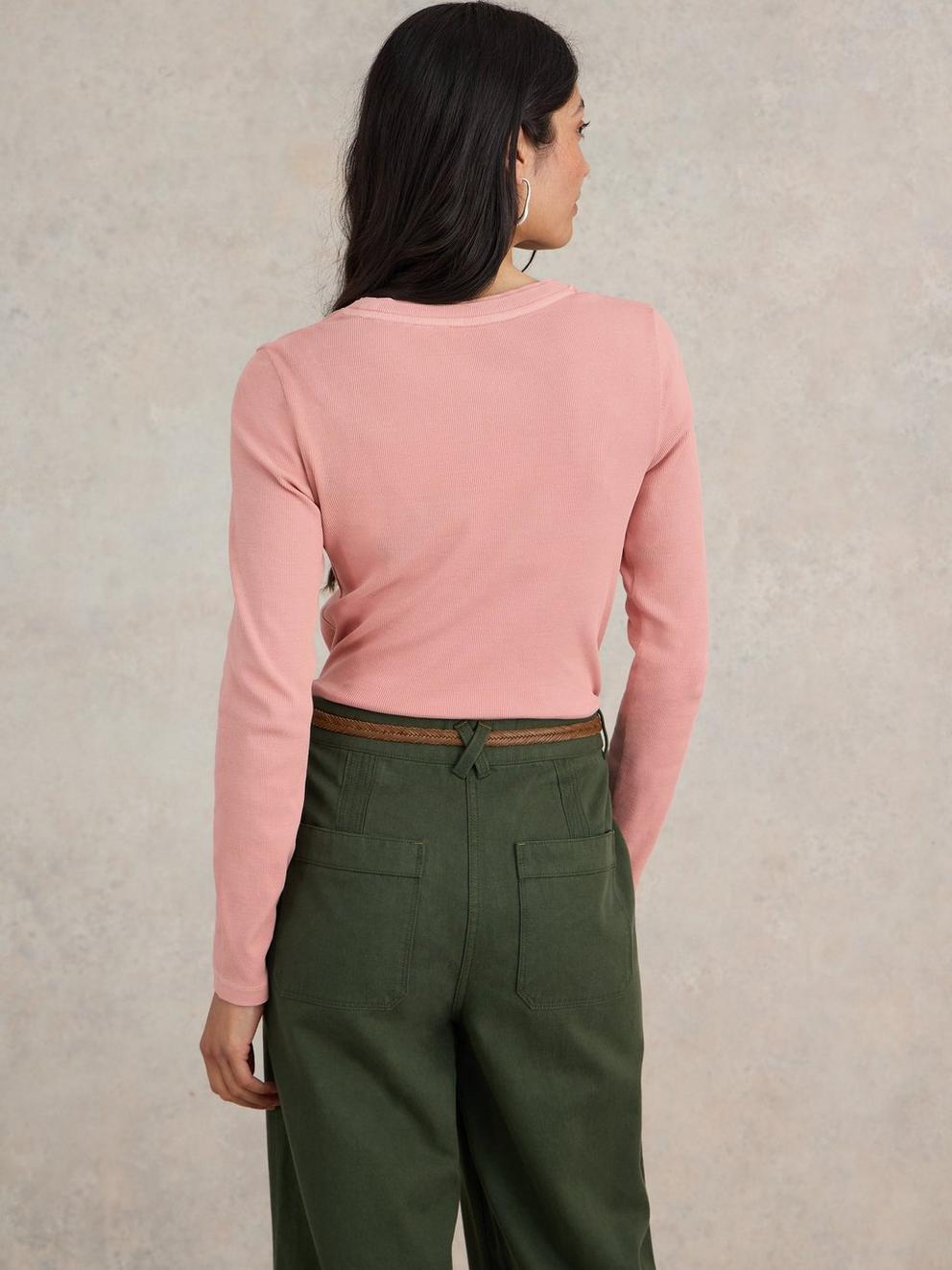 SADIE LONG SLEEVE RIB TEE in DUS PINK - MODEL BACK