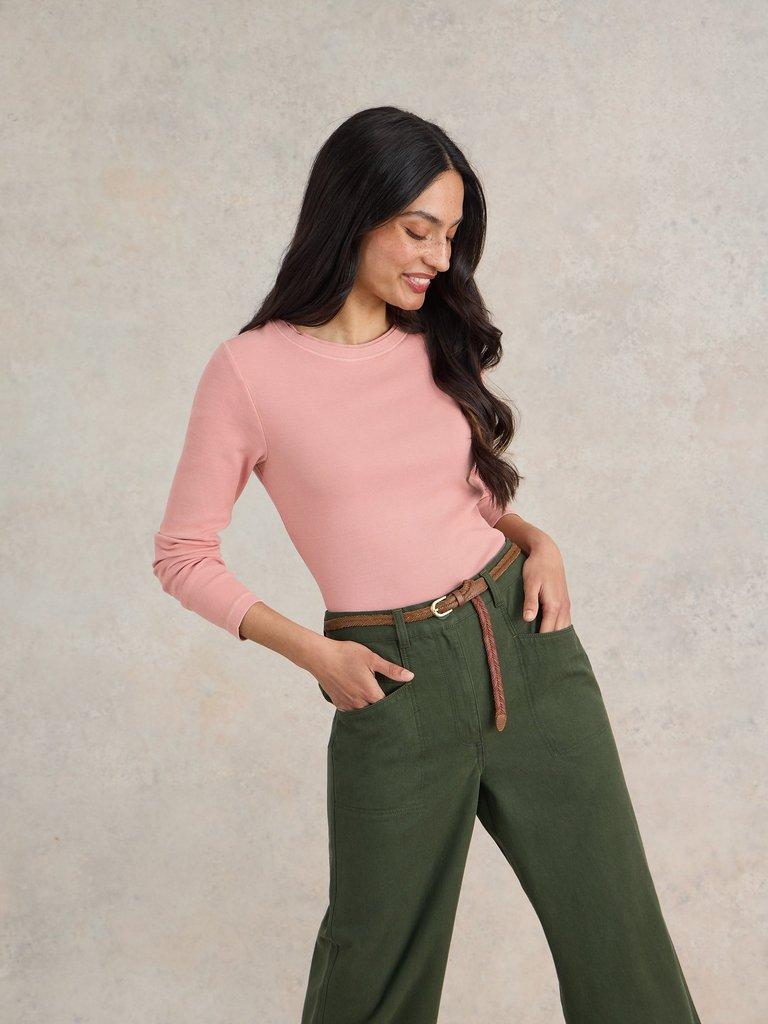 SADIE LONG SLEEVE RIB TEE in DUS PINK - MODEL DETAIL