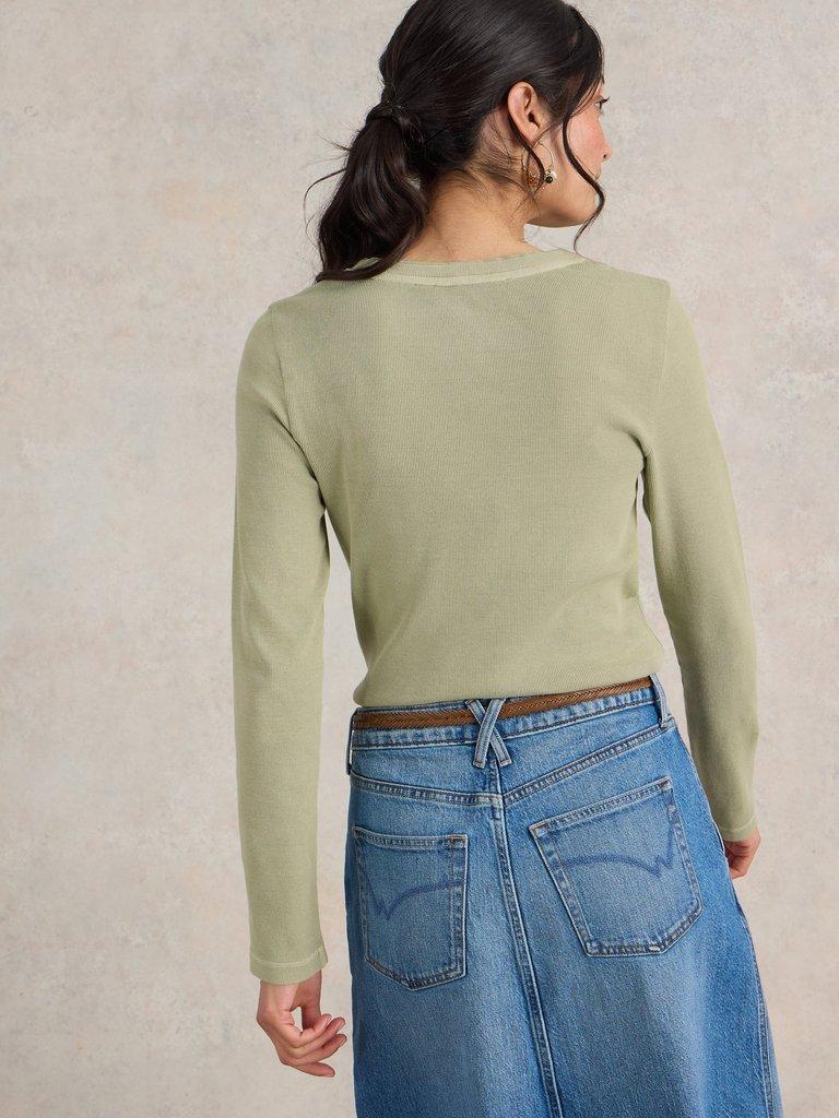 SADIE LONG SLEEVE RIB TEE in KHAKI GRN - MODEL BACK