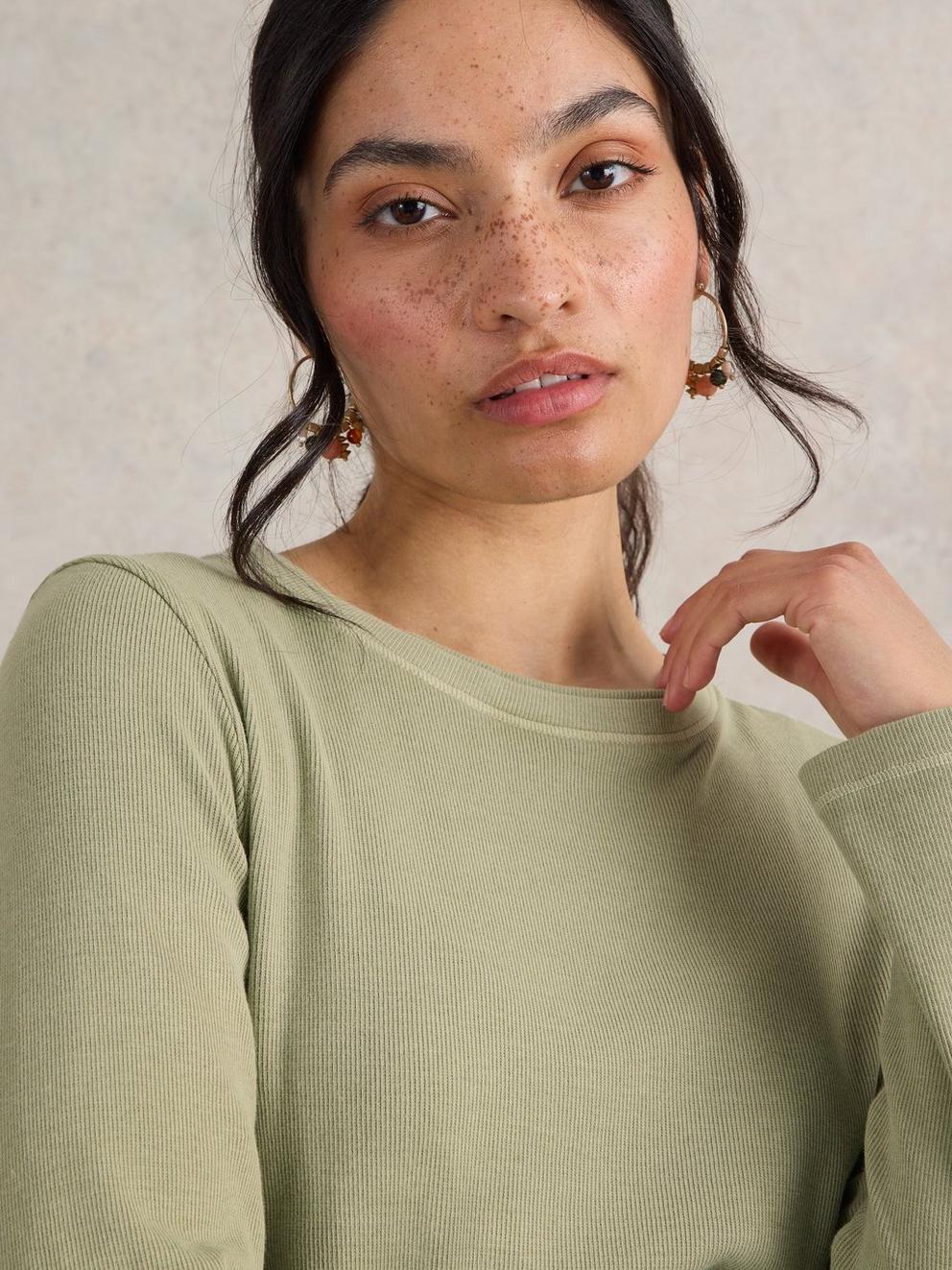 SADIE LONG SLEEVE RIB TEE in KHAKI GRN - MODEL DETAIL