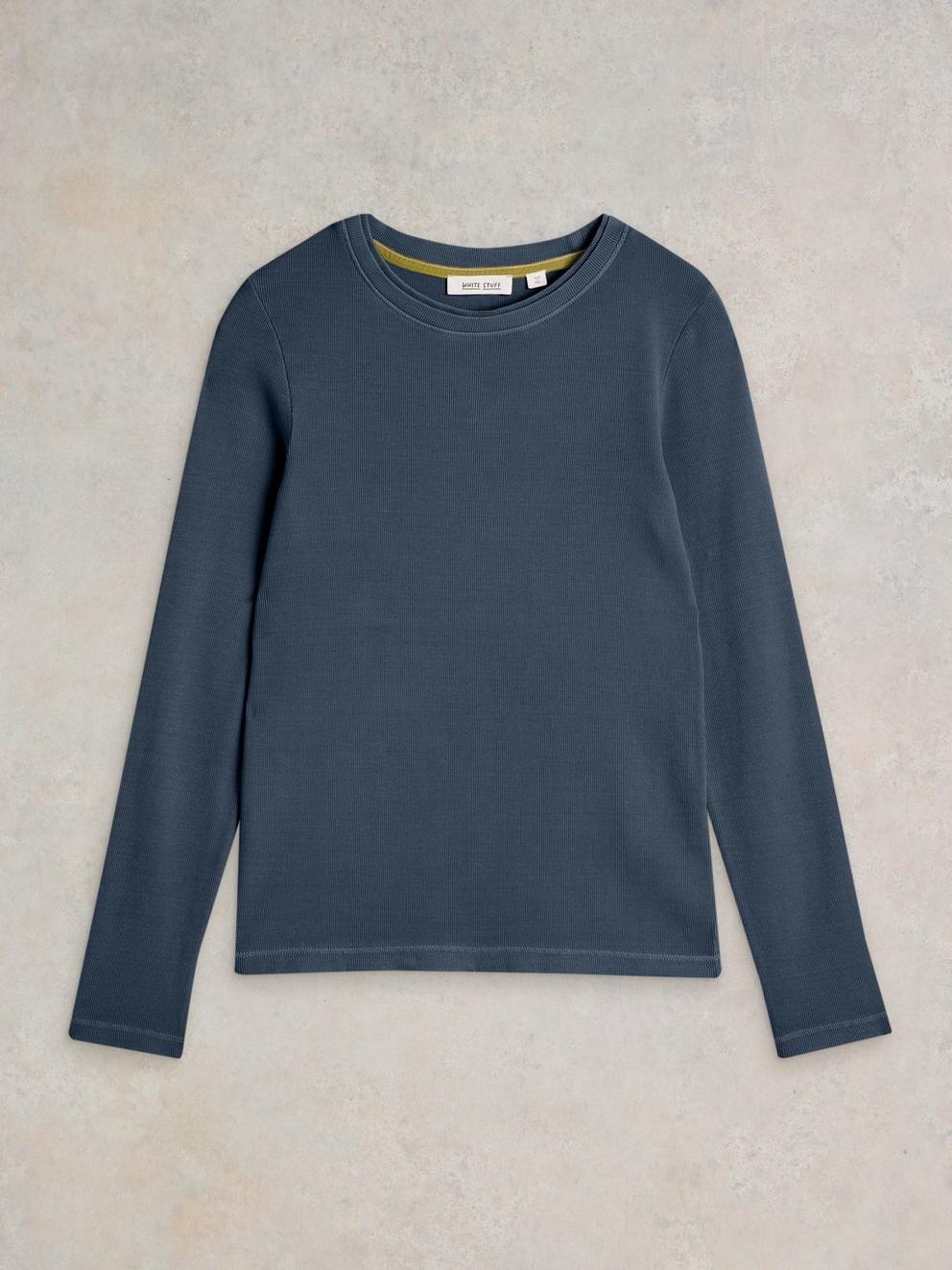 SADIE LONG SLEEVE RIB TEE in MID BLUE - FLAT FRONT