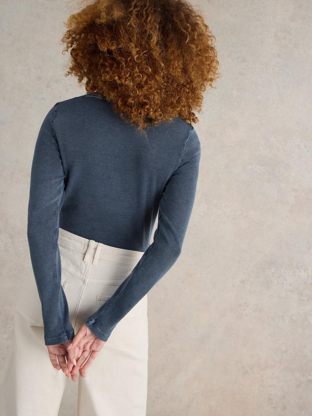 SADIE LONG SLEEVE RIB TEE in MID BLUE - MODEL BACK